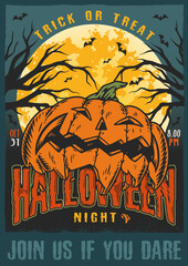 Halloween night vintage flyer colorful - obrazy, fototapety, plakaty