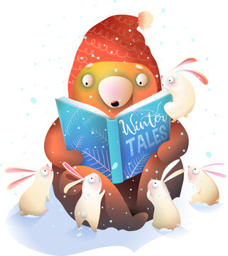 Bear Teacher Reading Book To Rabbits In Winter, Storytelling Illustration For Children Library Or School. Cute Reading Animals Clipart Cartoon For Children. Vector Art For Kids.