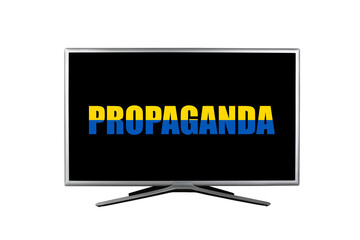 the word propaganda in the colors of the Ukrainian flag on a black TV screen isolated on a white background - 534219395