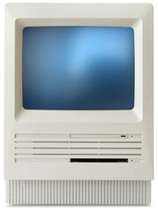 Original classic computer of eighties, front view, isolated, minimum shadow
