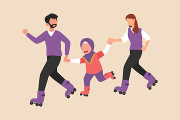 Happy family holding hands while skating together. Family time concept. Colored flat graphic vector illustration isolated.
