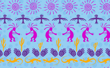 Kokopelli with flute, pangolin, hawk, sun symbol, hands and plant tribal vector seamless pattern.