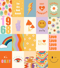 Fototapeta na wymiar Set of colorful groovy posters in 70s and 60s hippy art style. Psychedelic flowers, emoji, mushrooms, eyes and positive phrases illustrations for prints and cards. Vintage nostalgia vector postcards