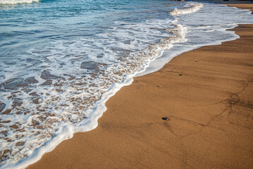 Sea waves with white foam run over the sand. Background blue sea.