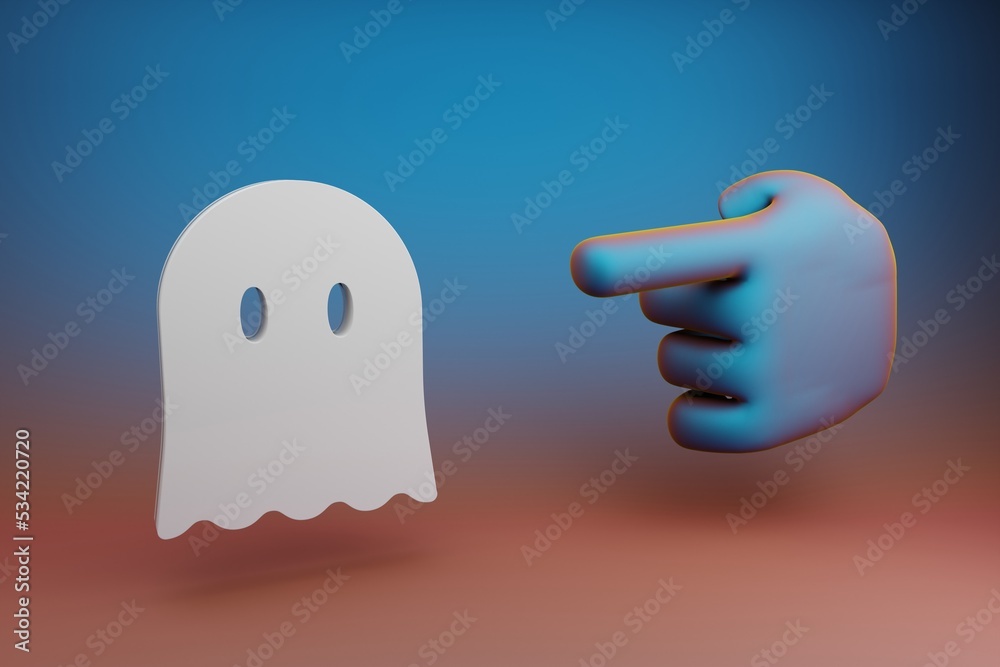 Aufkleber Beautiful illustrations abstract Hand index finger points to Halloween ghost symbol icon on a multicolor bright background. 3d rendering illustration. Background pattern for design. .