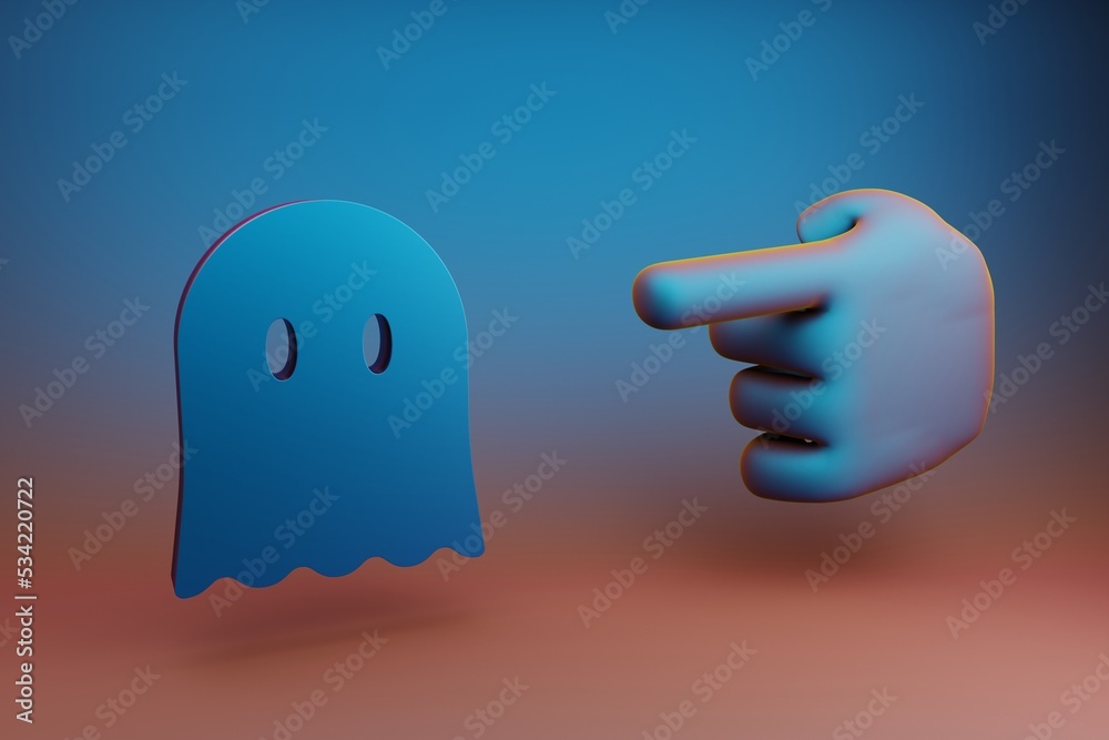 Poster Beautiful illustrations abstract Hand index finger points to Halloween ghost symbol icon on a multicolor bright background. 3d rendering illustration. Background pattern for design. .