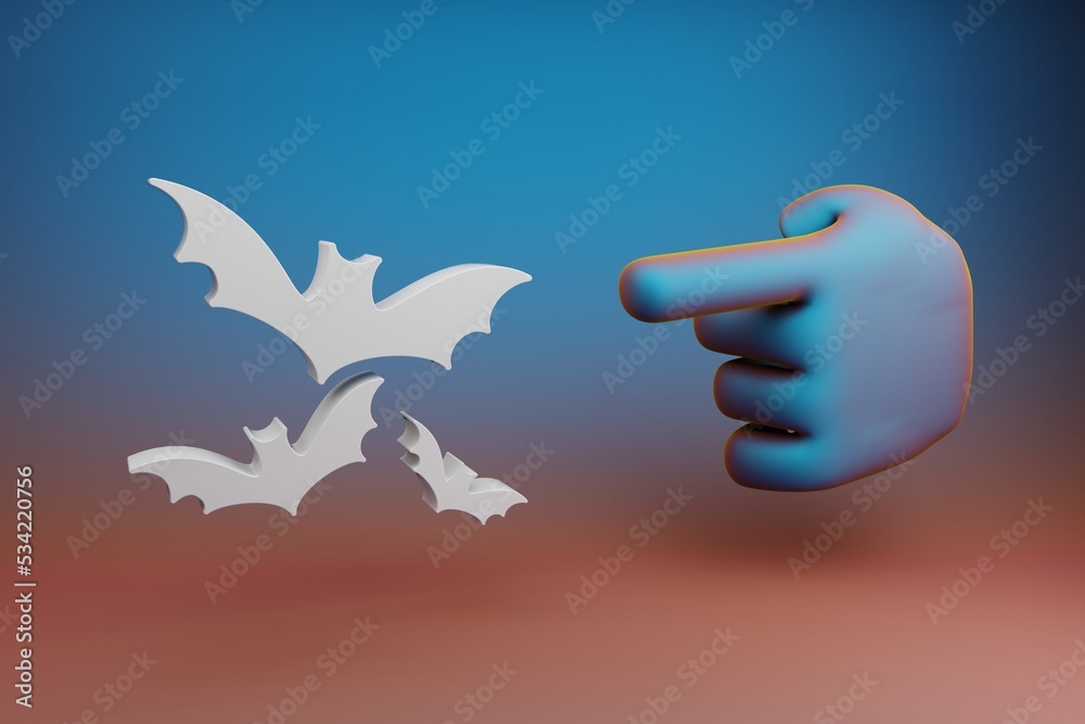 Fototapete Beautiful illustrations abstract Hand index finger points to Halloween bats symbol icon on a multicolor bright background. 3d rendering illustration. Background pattern for design. .
