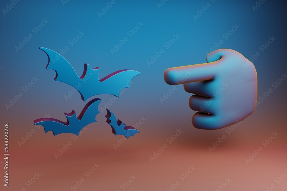 Aufkleber Beautiful illustrations abstract Hand index finger points to Halloween bats symbol icon on a multicolor bright background. 3d rendering illustration. Background pattern for design. .