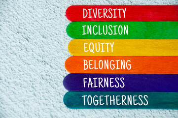 Diversity, inclusion, equality, belonging, fairness and togetherness text on colorful wooden stick...