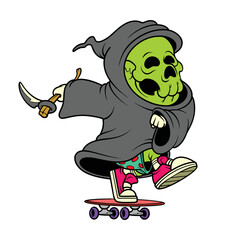 grim reaper on skateboard in cartoon style