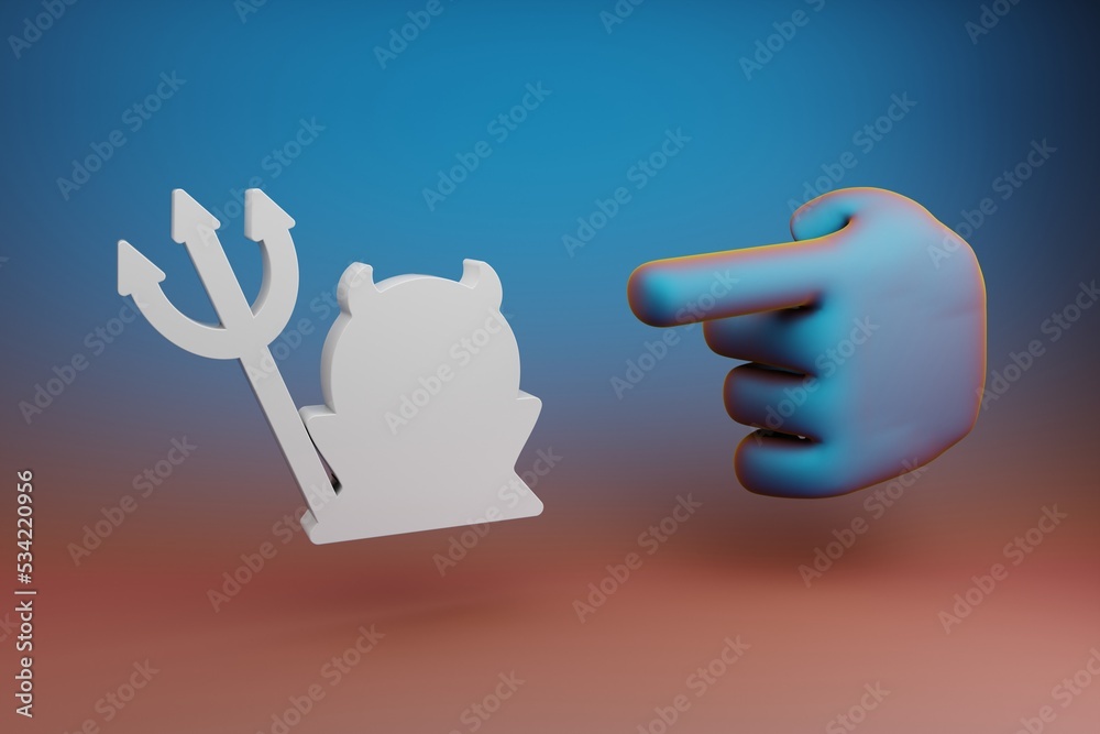 Fototapete Beautiful illustrations abstract Hand index finger points to Halloween Devil symbol icon on a multicolor bright background. 3d rendering illustration. Background pattern for design. .