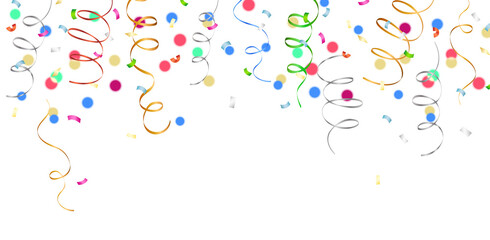 Shiny colorful border with falling confetti and streamers isolated on transparent background