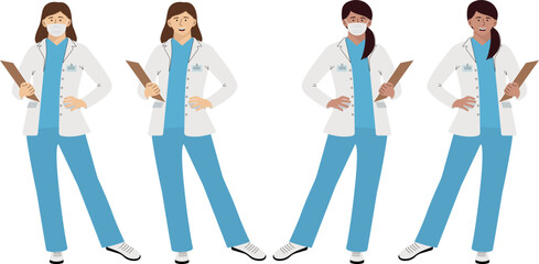 A set of doctors of women in medical uniform, masked and undressed, with a folder in their hands and different skin color.