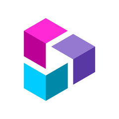 Play triangle symbol inside 3D cube elements. Isometric block shapes make unity. Colorful business logo. Technology and media industry. Play video button for mobile app. Vector illustration, clip art.
