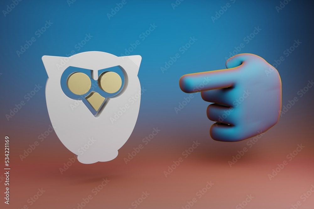 Leinwandbilder Beautiful illustrations abstract Hand index finger points to Halloween OWL symbol icon on a multicolor bright background. 3d rendering illustration. Background pattern for design. .