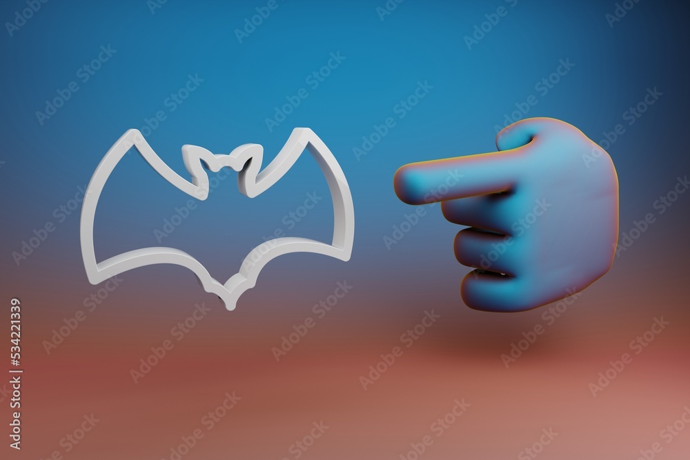 Aufkleber Beautiful illustrations abstract Hand index finger points to white bat symbol icon on a multicolor bright background. 3d rendering illustration. Background pattern for design.