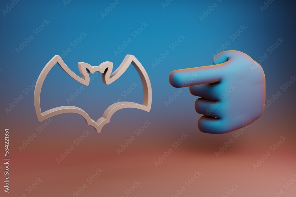 Poster Beautiful illustrations abstract Hand index finger points to bat symbol icon on a multicolor bright background. 3d rendering illustration. Background pattern for design. .