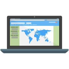 World map on laptop vector icon isolated illustration
