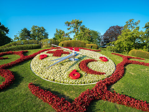 Flower clock in English garden in Geneva, Switzerland. Established in 1955 as a symbol of the city clockmakers