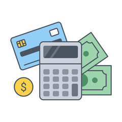 Calculator with green banknotes credit card and dollar coin. Modern icon top view isolated