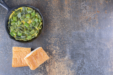 Chopped green beans served with eggs and herbs