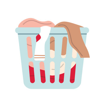 Basket of dirty clothes. Laundry basket. Pile of different clothes. Laundry for washing. Flat vector illustration isolated on white background.
