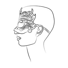 Person in mask of Columbine. Holiday mask for face cover at carnival or masquerade. Festival costume part for brazil festive or venice mardi gras. Decoration for face at theater, opera. Sketch drawing