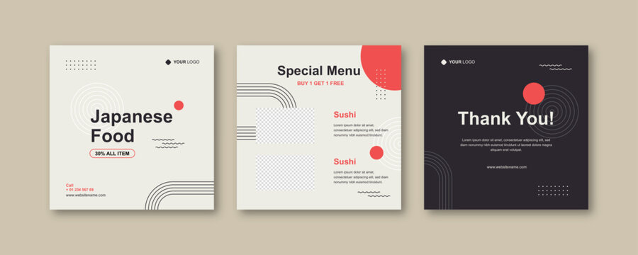 Flat Japanese Restaurant Social Media Post Template	
