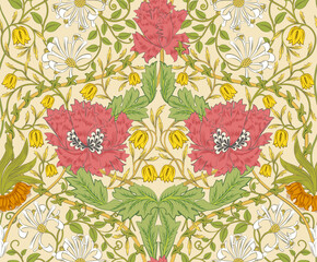 Floral seamless pattern with big red flowers on light background. Vector illustration.