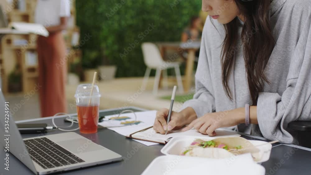 Poster writing, notebook and idea with a woman author, journalist or reporter working on a laptop in a cafe