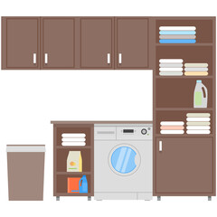 Washing machine in laundry room flat vector interior