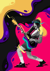 Naklejka premium Contemporary art collage. Expressive young girl playing guitar. Multicolored splashes design