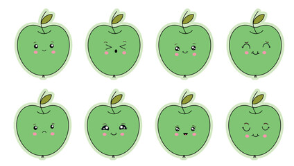 A set of stickers of funny emoticons on a green apple. Funny cartoon emoticons. Vector illustration isolated on white background.