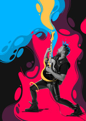 Contemporary art collage. Young emotive man, rock musician playing guitar, performing. Colorful color splashes design