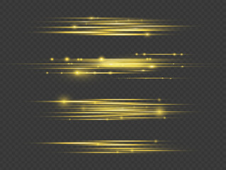 Particle motion effect. Magic of moving fast lines. Golden special effect, speed line. Laser beams, horizontal yellow light rays. Beautiful glow gold light flare and spark. Vector illustration.