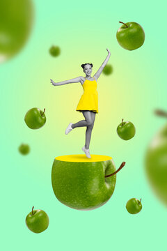 Creative abstract template collage of funny funky positive energetic young woman dance green apples juice promo shopping healthy nutrition