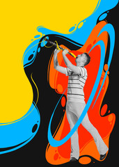 Contemporary art collage. Young man in retro clothes playing clarinet over colorful splashes...