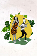 3d retro abstract creative artwork template collage of funny funky couple lovers dating zebra guy escape tiger print dress dancing girl