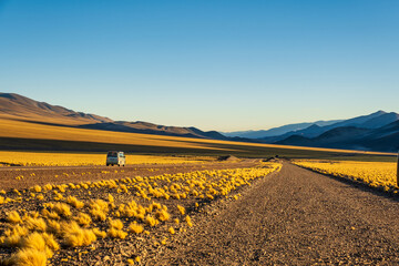 Campervan in a black dirty road with yellow grass in La Puna Argentina