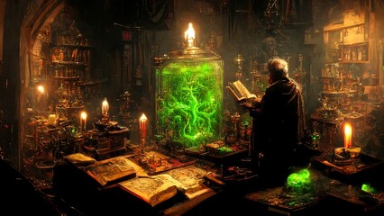 Alchemist working in his library, esoteric library with spell books, potion recipes, mystical art. Magic formula in old manuscript and grimoire, sorcerer library. Epic light, fantasy set-up, painting. - obrazy, fototapety, plakaty