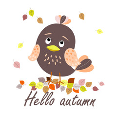 Vector illustration. Cartoon cute little bird on a white background in autumn leaves, inscription 