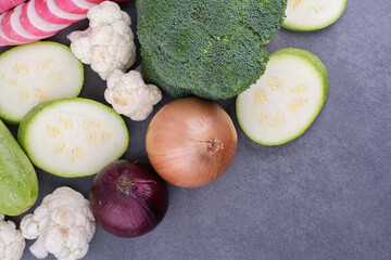 Vegetable mix with various foods isolated on blue background