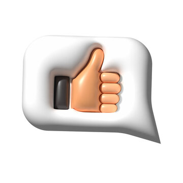 3D thumb up hand gesture speech bubble. Like sign social media icon