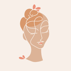 Hair salon, beauty studio, skin care illustration.Woman face.Fashion, cosmetics and spa icon isolated on light fund.Cute young lady portrait.Beautiful hairstyle model.Luxury,glamour, artistic logo.