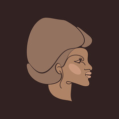 African woman face.Hair salon, beauty studio, makeup, skin care illustration.Fashion, cosmetics and spa icon isolated on dark fund.Young lady portrait.Afro hairstyle model.Luxury,glamour logo.
