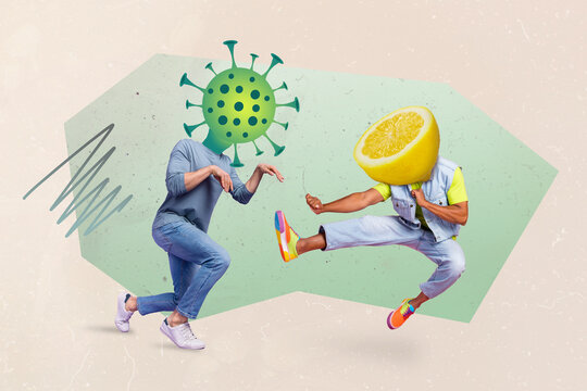 Composite Collage Picture Of Two People Bacteria Lemon Instead Head Jump Fighting Isolated On Creative Background