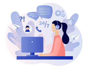 Customer service. Call center. Woman hotline operator in headset consults client. Online support concept. Modern flat cartoon style. Vector illustration on white background