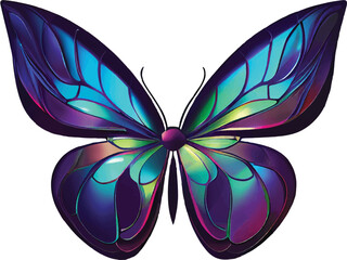 Magical glowing neon and fluorescent butterfly in top view . Butterfly on a white background. Butterfly vector illustration