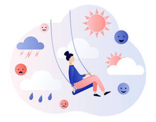 Mood swings woman. Emotions change. Psychology disorder, mental problem, stress, anxiety and life crisis. Bipolar emotion. Emotional balance. Modern flat cartoon style. Vector illustration 