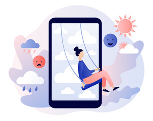 Mood swings. Emotions change in social media. Psychology disorder, mental problem, stress, anxiety and life crisis. Bipolar emotion. Emotional balance. Modern flat cartoon style. Vector illustration 